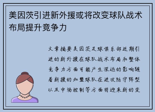 美因茨引进新外援或将改变球队战术布局提升竞争力