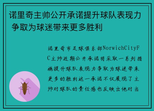 诺里奇主帅公开承诺提升球队表现力 争取为球迷带来更多胜利