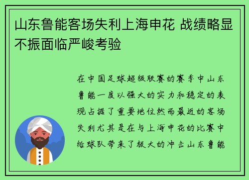 山东鲁能客场失利上海申花 战绩略显不振面临严峻考验