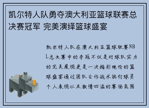 凯尔特人队勇夺澳大利亚篮球联赛总决赛冠军 完美演绎篮球盛宴