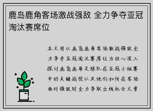 鹿岛鹿角客场激战强敌 全力争夺亚冠淘汰赛席位